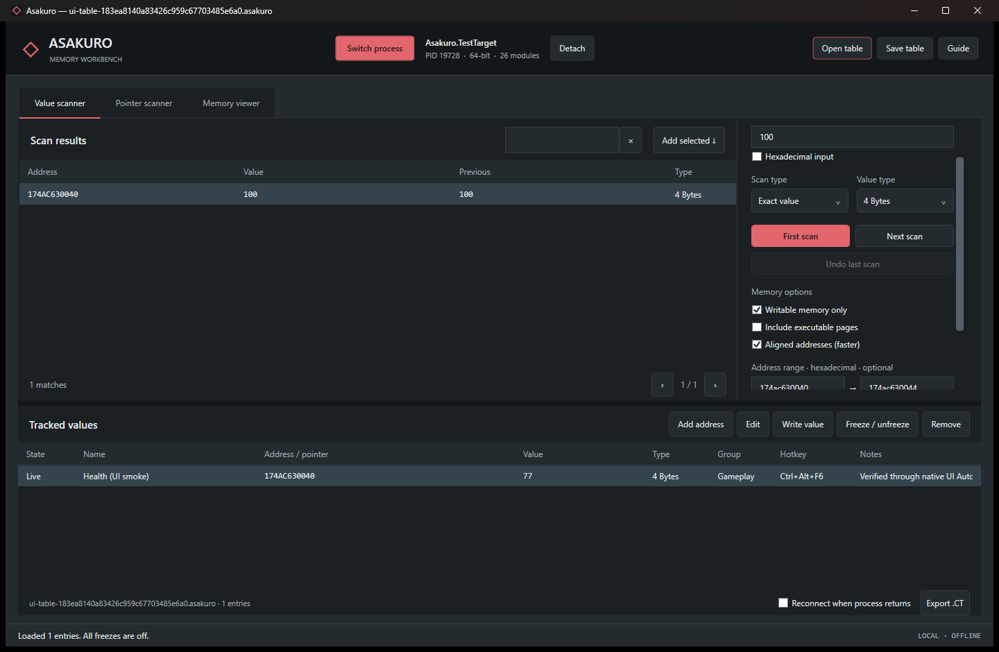 Asakuro desktop value scanner showing matching addresses and a tracked value table.